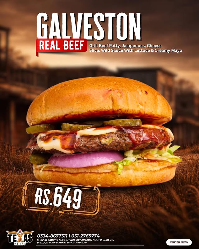 Galveston Real Beef Burger Deal at Texas Fries – Only Rs. 649