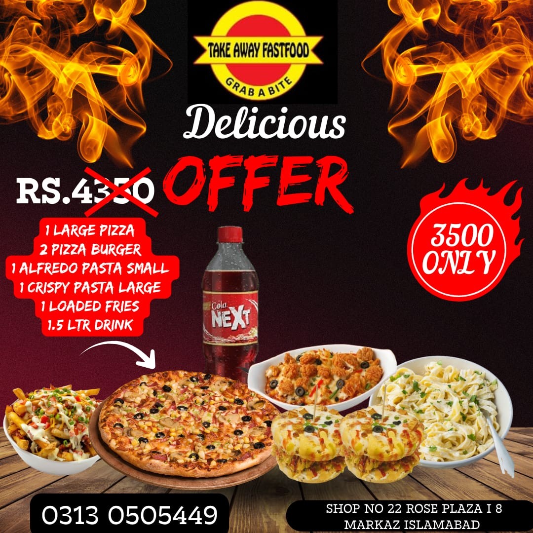 Delicious Mega Combo Deal – Pizza, Burgers, Pasta & Fries for Rs. 3,500 in I-8 Islamabad