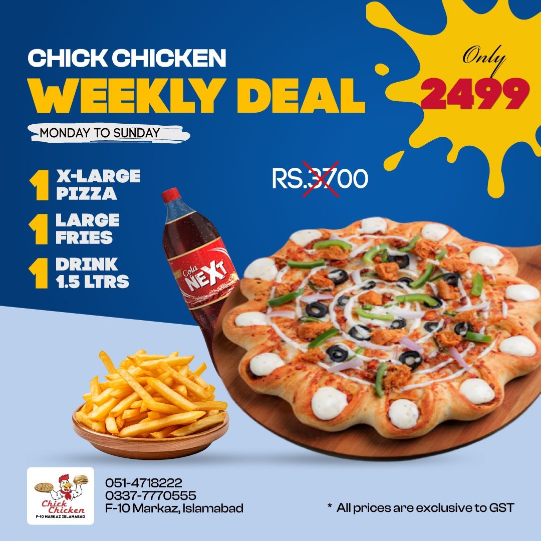 Chick Chicken Weekly Deal – Large Pizza, Fries & 1.5L Drink for Rs. 2,499