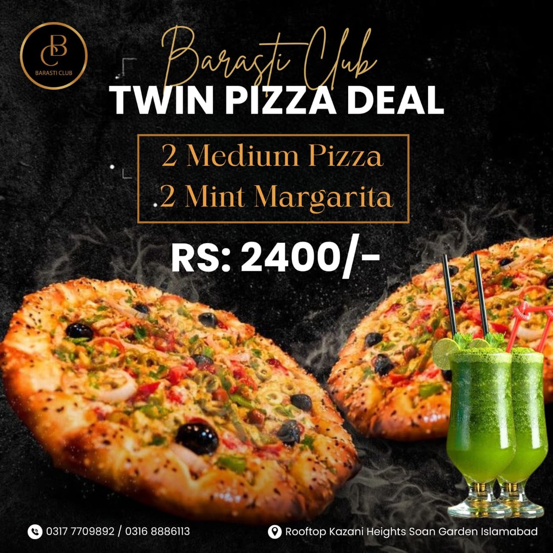 Twin Pizza Deal – 2 Medium Pizzas + 2 Mint Margaritas for Rs. 2,400