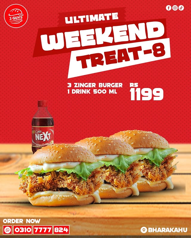Ultimate Weekend Treat – 3 Zinger Burgers + 500ml Cold Drink for Rs. 1,199
