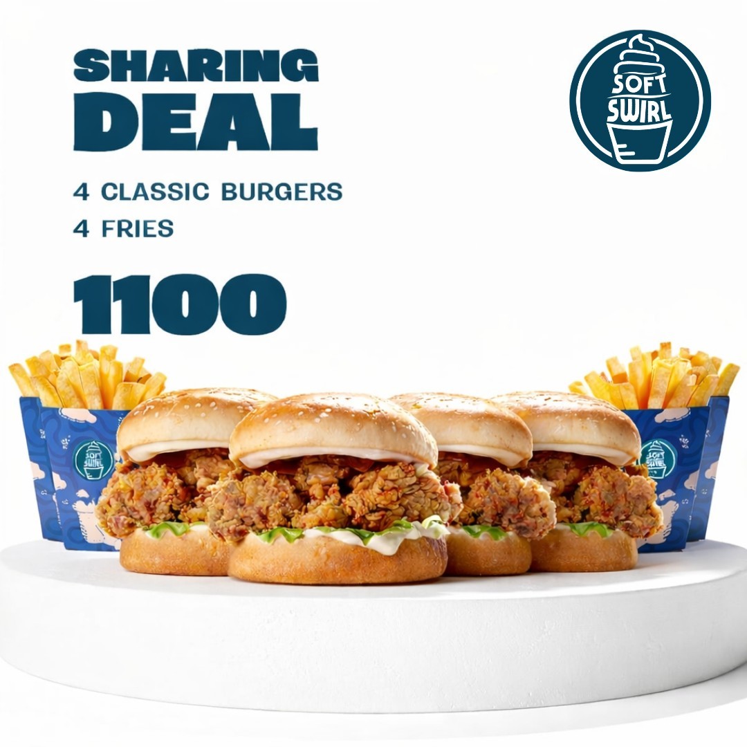 SoftSwirl Sharing Deal – 4 Burgers & 4 Fries for Rs. 1100