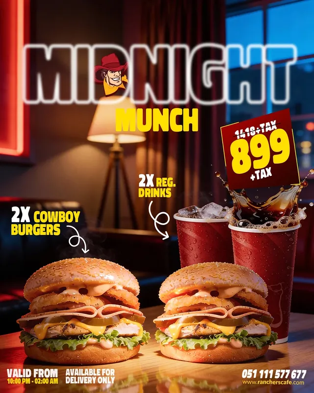 Midnight Munch Deal at Ranchers Café – 2 Cowboy Burgers & Drinks (10 PM–2 AM) 🌙🍔🔥