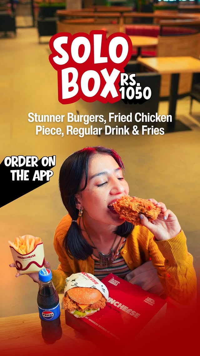 Kruncheese Solo Box – Stunner Burger, Fried Chicken, Fries & Drink for Rs. 1050 🍔🍗❤️
