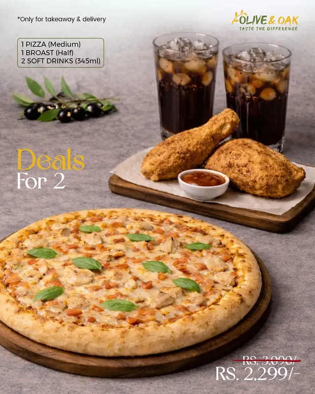 Deal for 2 at Olive & Oak Lahore – Pizza & Broast Combo 🍗🍕
