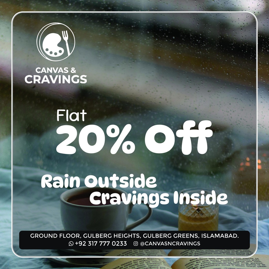 Rain Outside, Cravings Inside – 20% OFF at Canvas & Cravings 🌧️☕