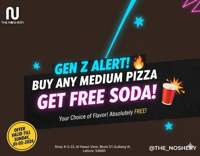 Gen Z Alert – Grab a Medium Pizza & Get Another Free at The Noshery 🍕🥤