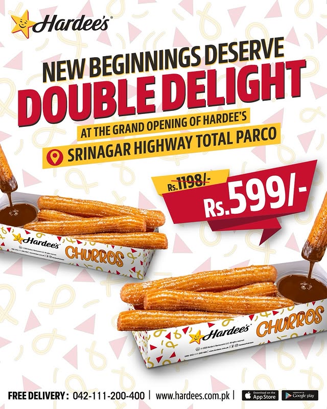 Buy 1 Get 1 Free Churros at Hardee’s Srinagar Highway – Grand Opening Special 🍩🎉