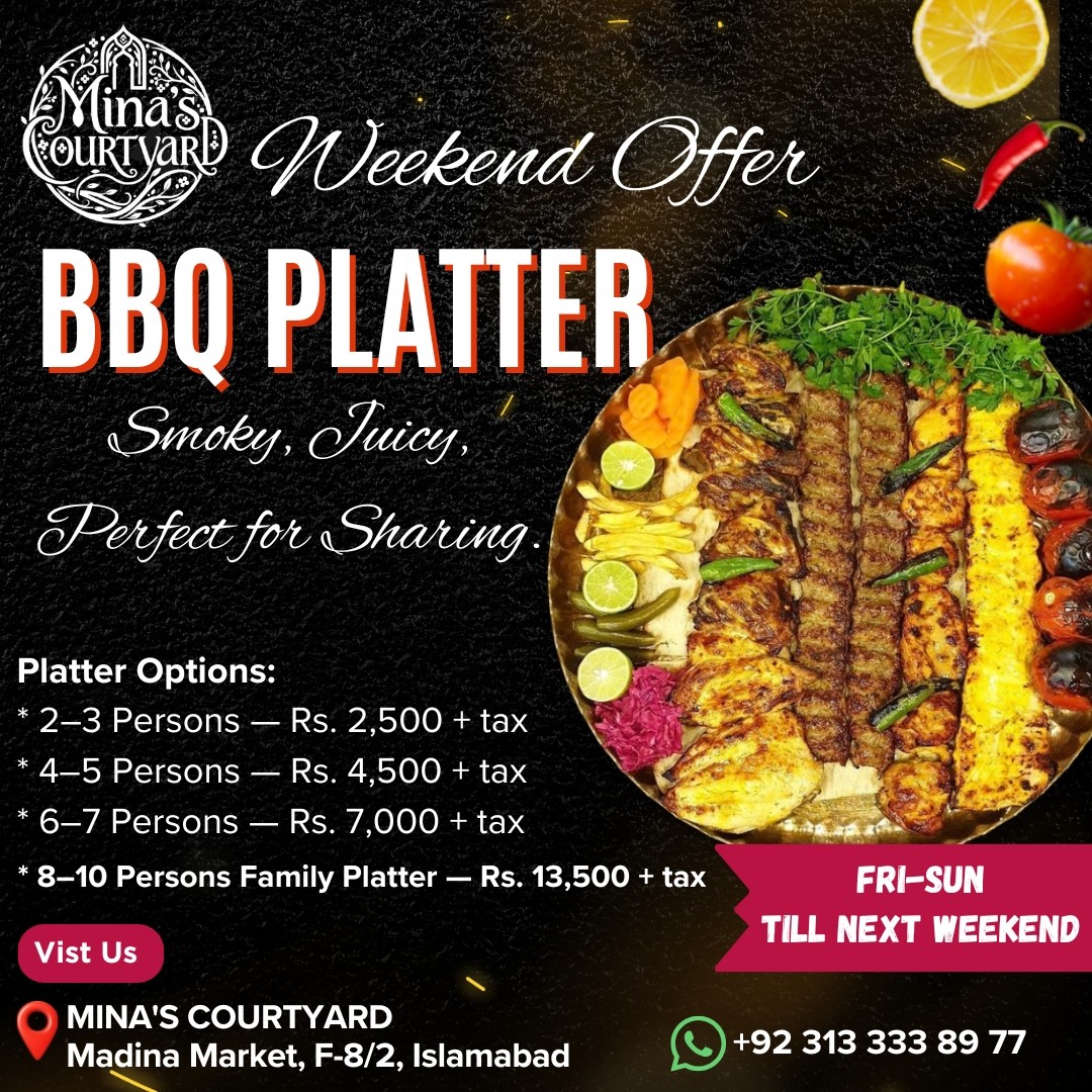 Family BBQ Platters at Mina’s Courtyard F-8/2 – Weekend Feast 🍖🔥