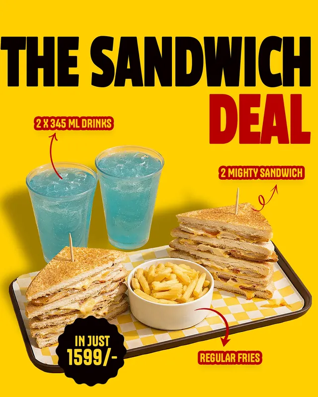 Sandwich Deal for Two – 2 Mighty Sandwiches + Fries + Drinks at Rs. 1599 🥪🍟🥤