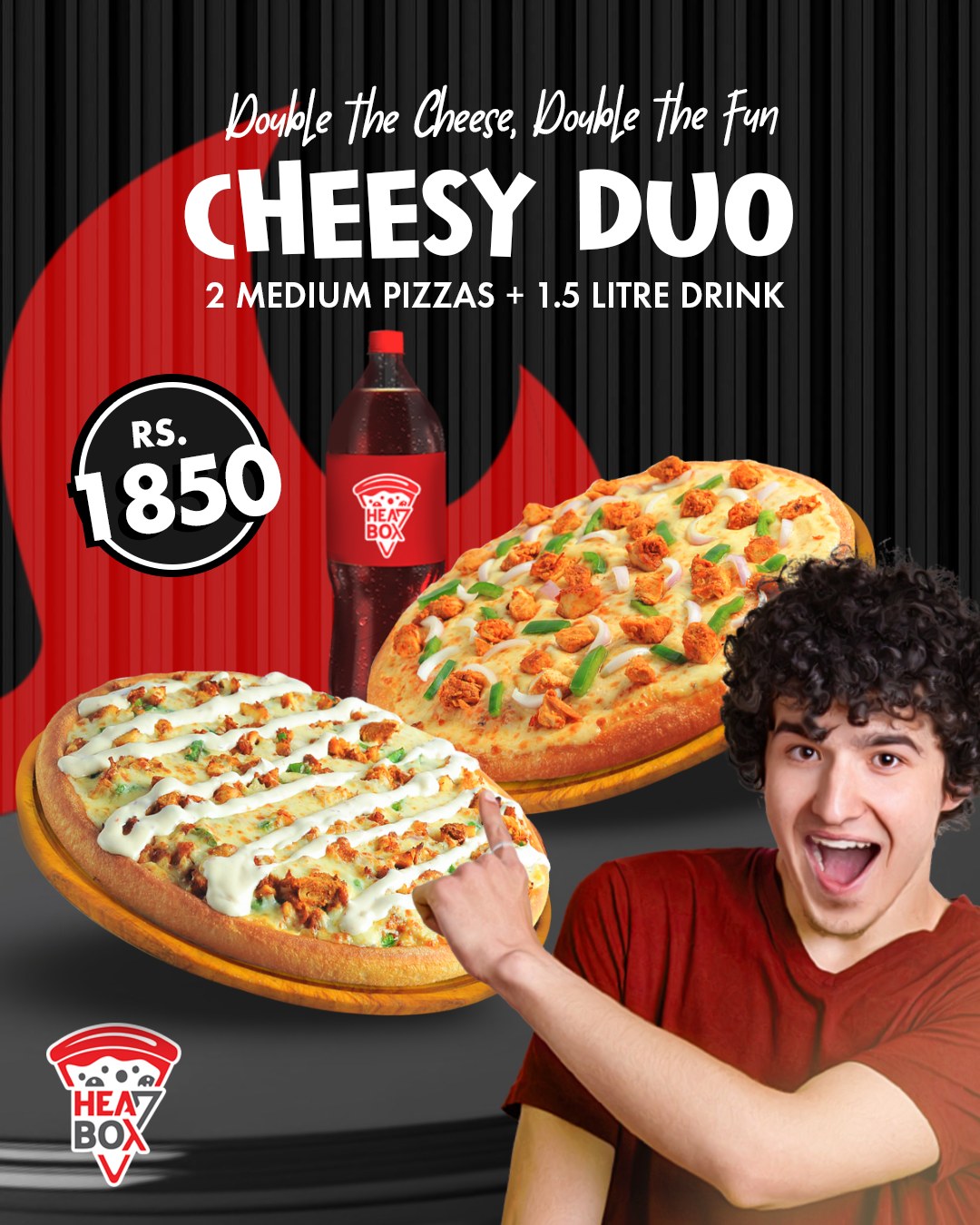 Cheesy Duo Deal – 2 Medium Pizzas + 1.5L Drink for Rs. 1850 🧀🍕