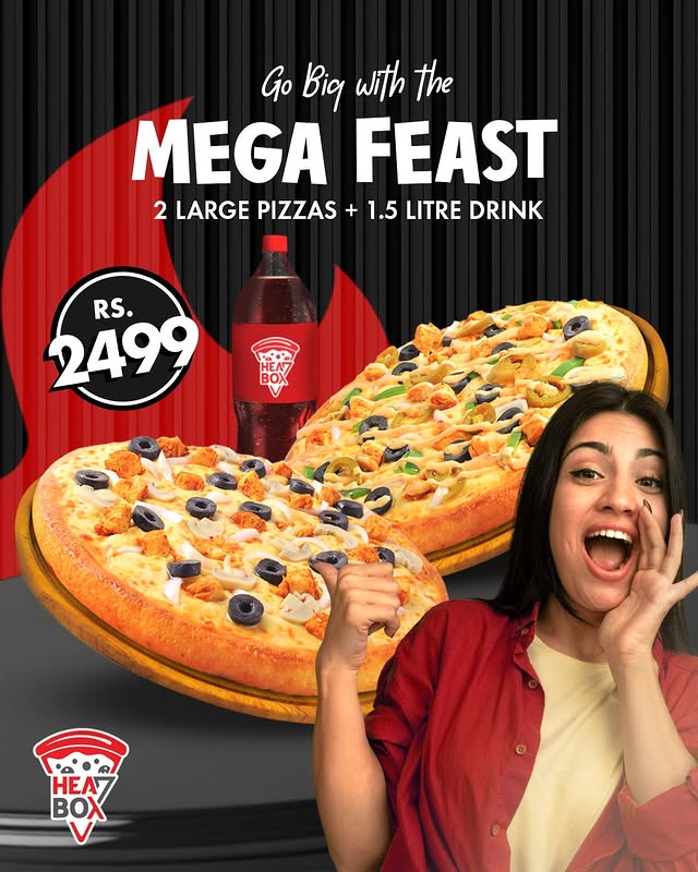Mega Feast at HeatBox Pizza – 2 Large Pizzas + Drink for Rs. 2499 🍕🔥