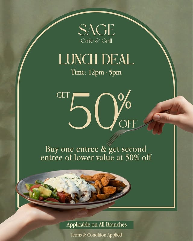 Sage Cafe & Grill Lunch Deal – 50% OFF on Second Entrée 🍽️✨