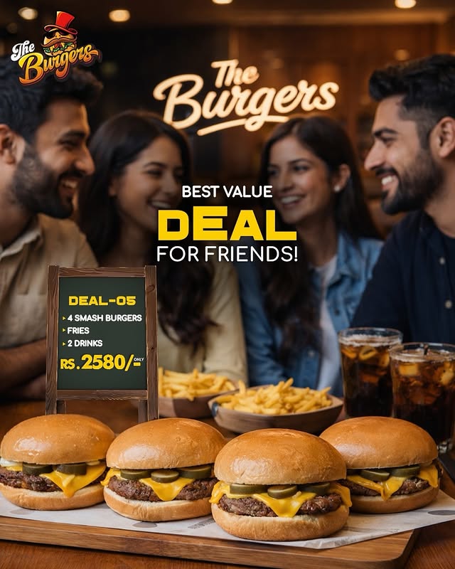 Squad Feast Deal at The Burgers DHA Islamabad | 4 Smash Burgers for Rs. 2580 🍔🔥